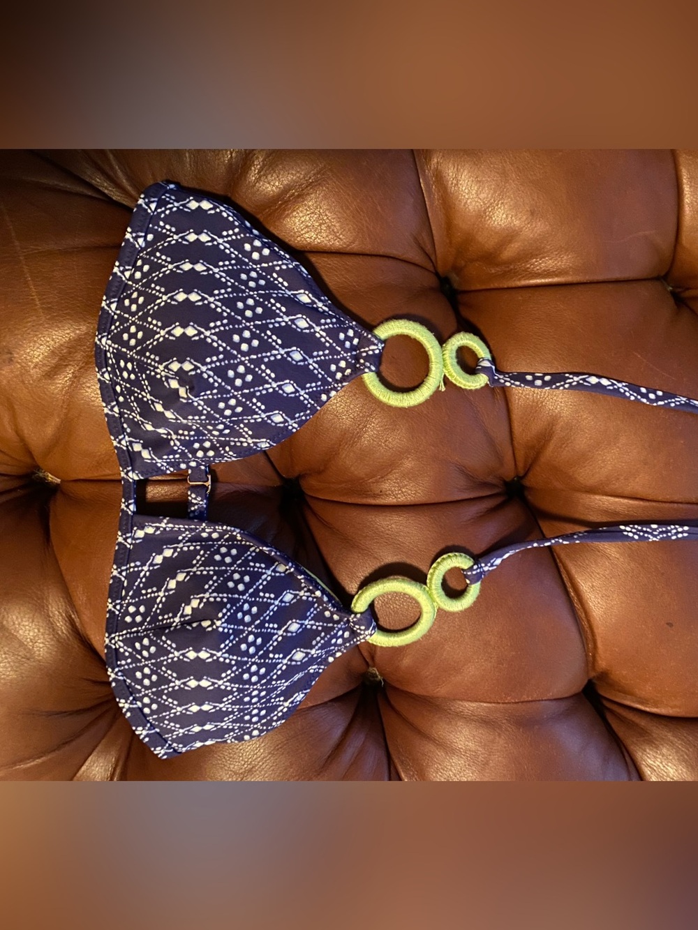 Victoria's Secret Navy Printed Bikini Top with Lime Ring Details